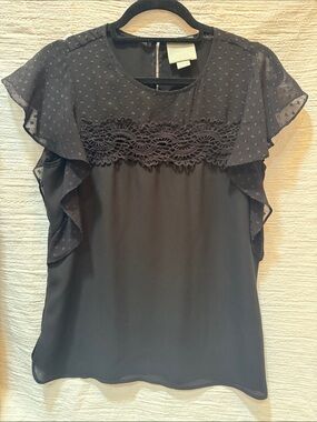Maeve Black Lace-Trim Flutter Sleeve Blouse